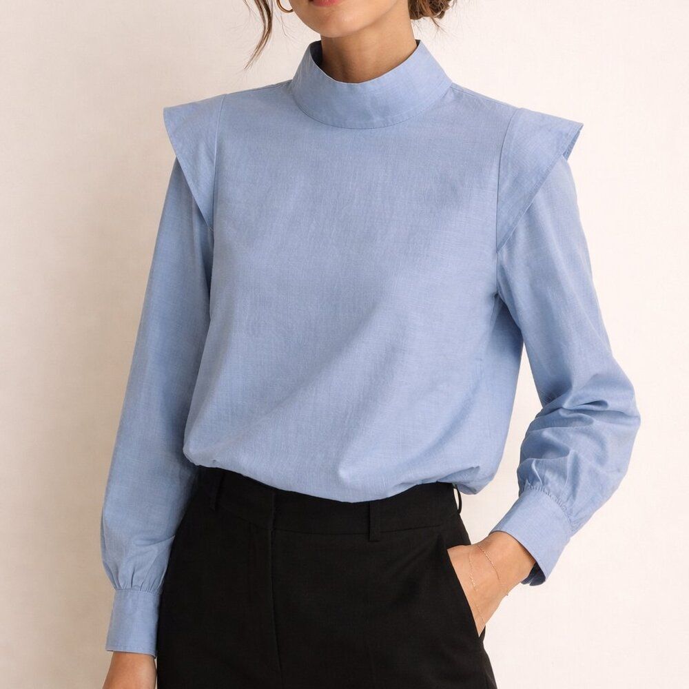 Everlane Shirt Women 2 NWT Blue The Wing Shoulder Mockneck Silky Cotton Blouse